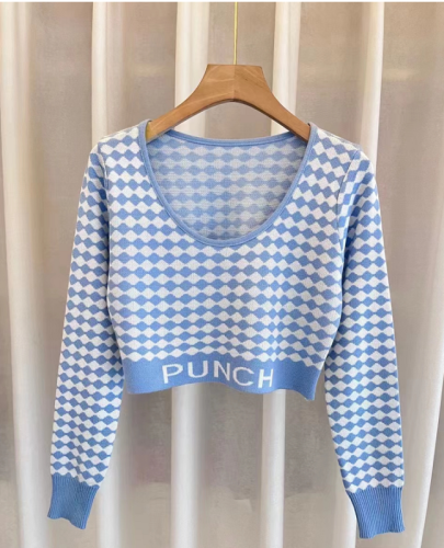 2022 New Autumn Design Sense of Small Slim Fit and Thin, Pure Desire, Contrast Color Check Jacquard Short Long Sleeves