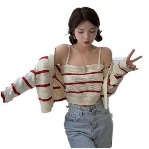 Early autumn 2022 new Korean version striped long-sleeved knitted cardigan + short small suspenders women's fashion two-piece set