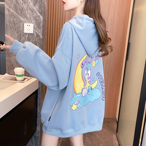 Real shot Pure cotton Huamian Back collar Loose embroidered hooded sweater women's cartoon long-sleeved autumn thin top