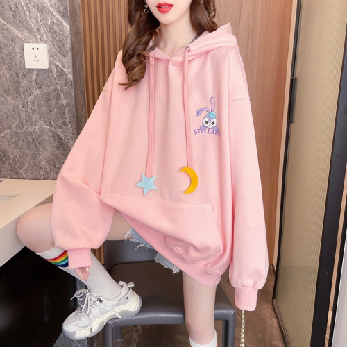 Real shot Pure cotton Huamian Back collar Loose embroidered hooded sweater women's cartoon long-sleeved autumn thin top