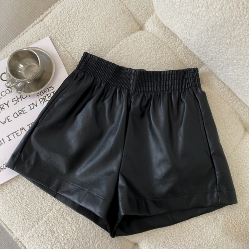 Real shot real price elastic waist leather shorts autumn and winter new Korean version high waist wide leg pants black PU leather pants