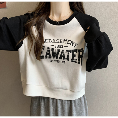 Official picture 260g big fish scale thin sweater women's round neck letter printing stitching back bag raglan sleeve top