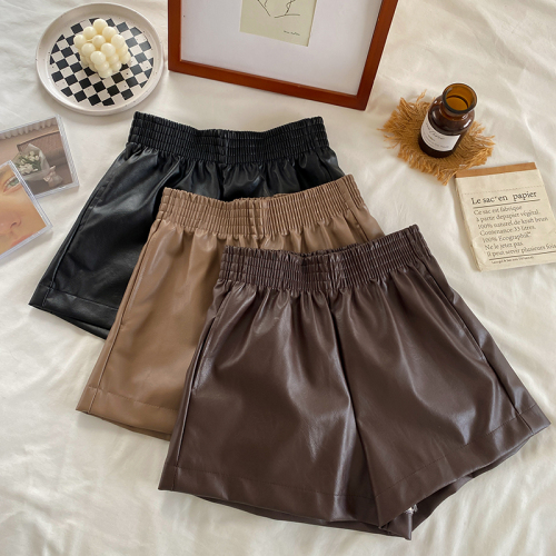 Real shot real price elastic waist leather shorts autumn and winter new Korean version high waist wide leg pants black PU leather pants