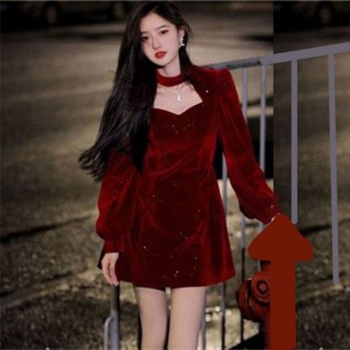Fine flash velvet dress women's 2022 spring and autumn new high-end elegant red waist slim A-line skirt