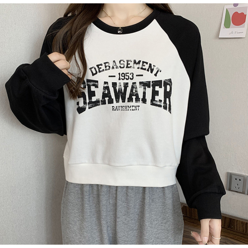 Official picture 260g big fish scale thin sweater women's round neck letter printing stitching back bag raglan sleeve top