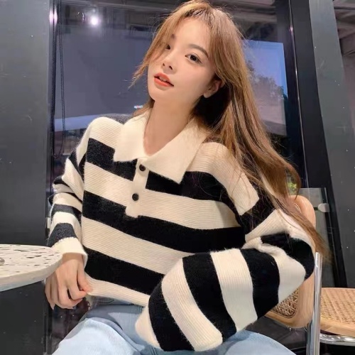 Air striped sweater early autumn new women's college style loose polo shirt all-match long-sleeved top pullover sweater