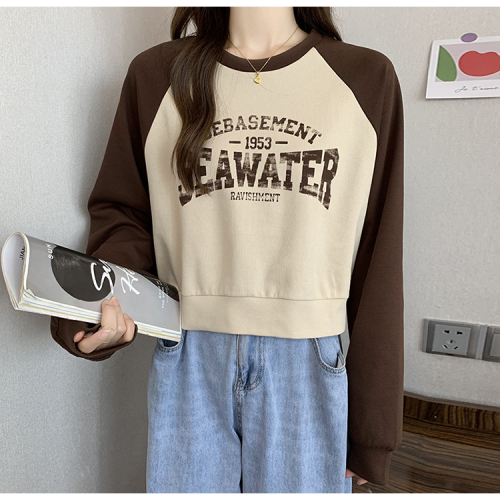 Official picture 260g big fish scale thin sweater women's round neck letter printing stitching back bag raglan sleeve top