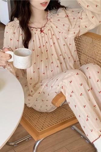 Real-priced cotton jacquard sweet cherry ins loose skin-friendly comfortable outer wear long-sleeved trousers home service set