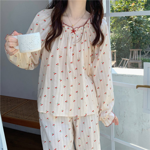 Real-priced cotton jacquard sweet cherry ins loose skin-friendly comfortable outer wear long-sleeved trousers home service set