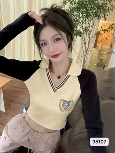  autumn new Polo collar contrast color stitching long-sleeved slim fit short knitted top