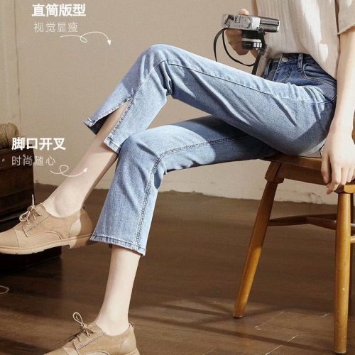 Real shot all-match thin denim cropped pants women's spring and summer new hip-lifting straight-leg pants split cropped jeans