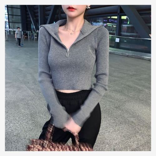 Pullover Sweater women's new autumn long sleeve slim short open navel thin turtleneck sweater
