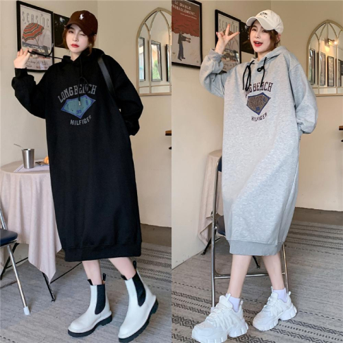 250g David coat Double hat Korean version loose version autumn and winter long loose design with a sense of niche over the knee skirt