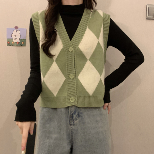 Autumn and winter retro loose V-neck contrast color diamond cardigan vest + high-neck long-sleeved knitted bottoming shirt