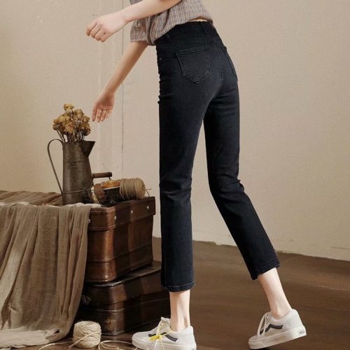 Real shot all-match thin denim cropped pants women's spring and summer new hip-lifting straight-leg pants split cropped jeans