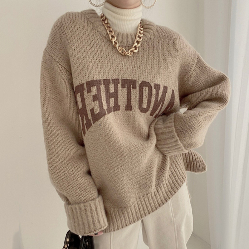 Korean chic candy color round neck letter printing pullover loose skin-friendly long-sleeved thickened knitted sweater women