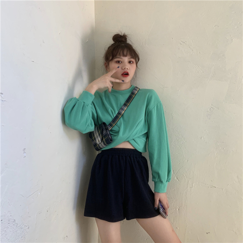 Real shooting real price~ Design sense cross loose short section cropped navel round neck sweater women
