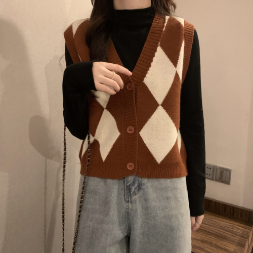 Autumn and winter retro loose V-neck contrast color diamond cardigan vest + high-neck long-sleeved knitted bottoming shirt