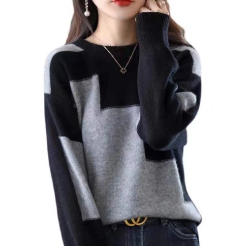 22 autumn and winter new cashmere sweater women's round neck color matching short wool sweater soft waxy sweater loose pullover knitted bottoming shirt