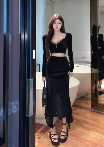 Real shot real price retro velvet sexy lace stitching short slim fit top + irregular craft midi skirt