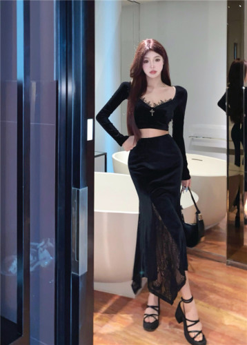 Real shot real price retro velvet sexy lace stitching short slim fit top + irregular craft midi skirt