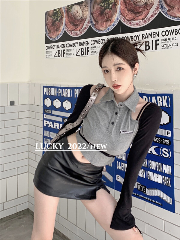 Autumn is new! [LUCKY] Hot girl irregular design hollow short shirt 9528# ZXX