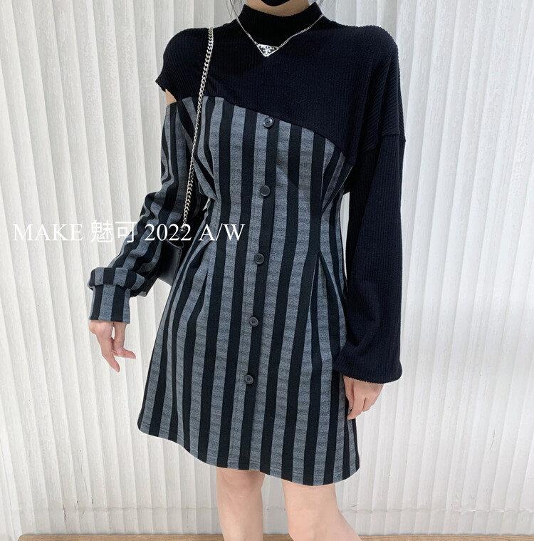 New in autumn!【MAKE】Korean style stitching striped half turtleneck dress 80032# OZQ
