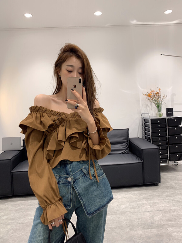 New in autumn!【VANESSA】Korean lace one-shoulder shirt 6787# OZQ