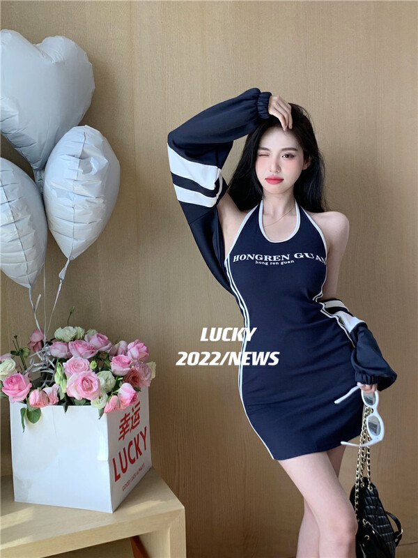 Autumn is new!【LUCKY】Fashion halter neck slim dress + long-sleeved all-match short coat suit 9317# ZXX