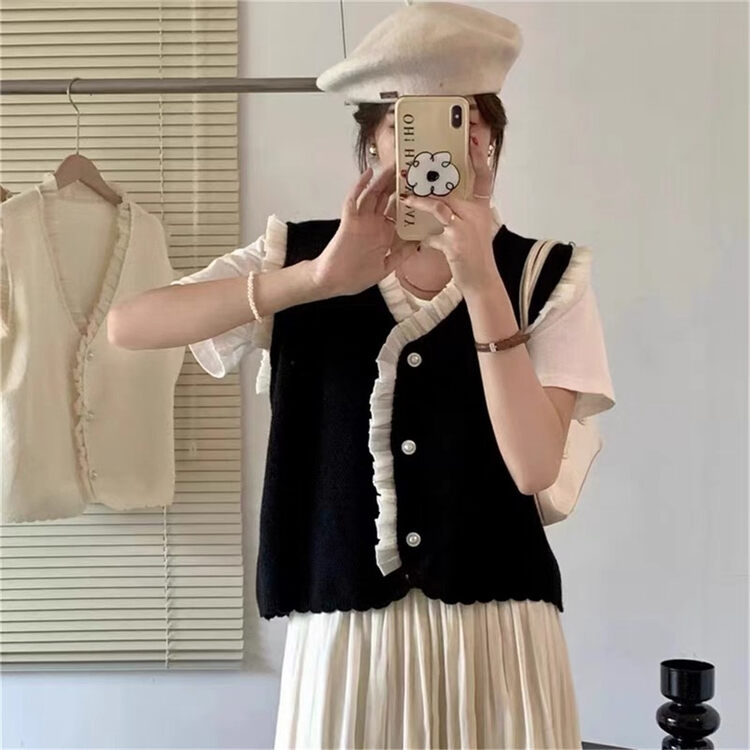 New in autumn!【ARE YOU】V-neck single-breasted stitching vest 938# L