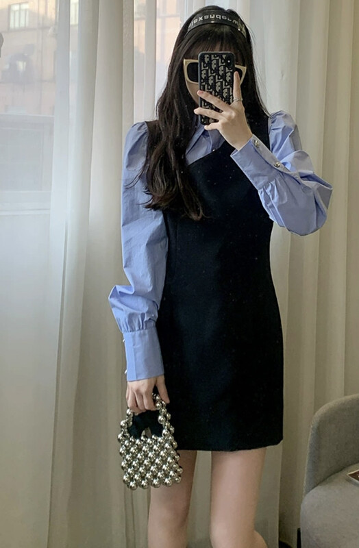 New in autumn! [JH] Net Red Solid Color Lantern Sleeve Shirt + Vest Dress Set 42624# PCZ