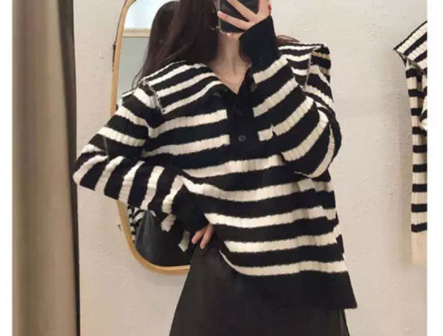 Ladies Sweater Knitwear Spring Autumn Winter 2022 New Ladies Loose Outer Wear Striped Top Big Collar Jacket