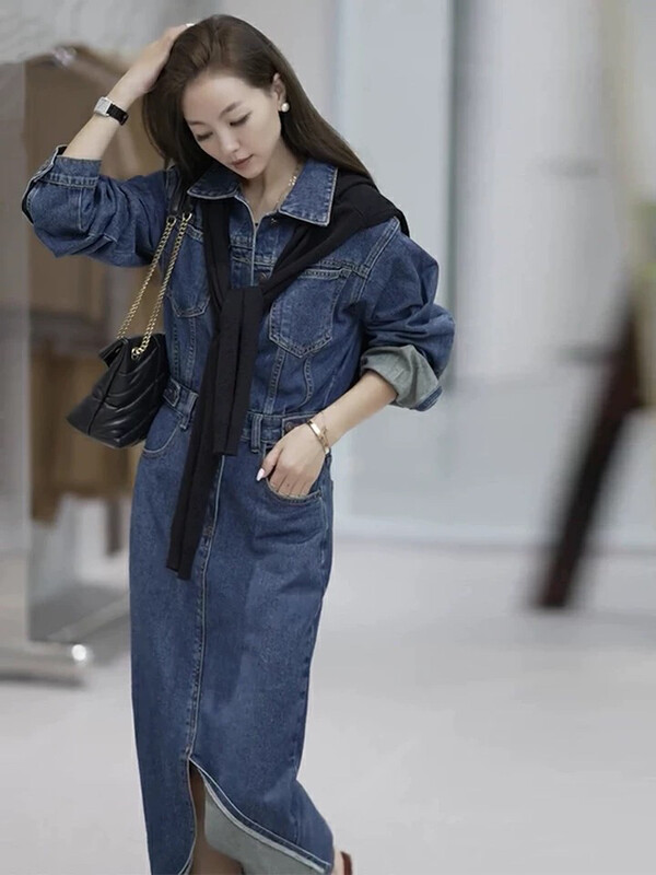 Autumn is new! [L.L STUDIO] Retro Hong Kong-style waist one-piece denim skirt (with shawl detachable) 77898# PCZ