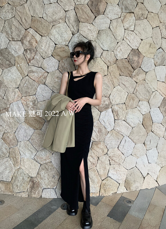 New in early autumn!【MAKE】Fashionable temperament women's slash vest side slit dress 50205# OZQ