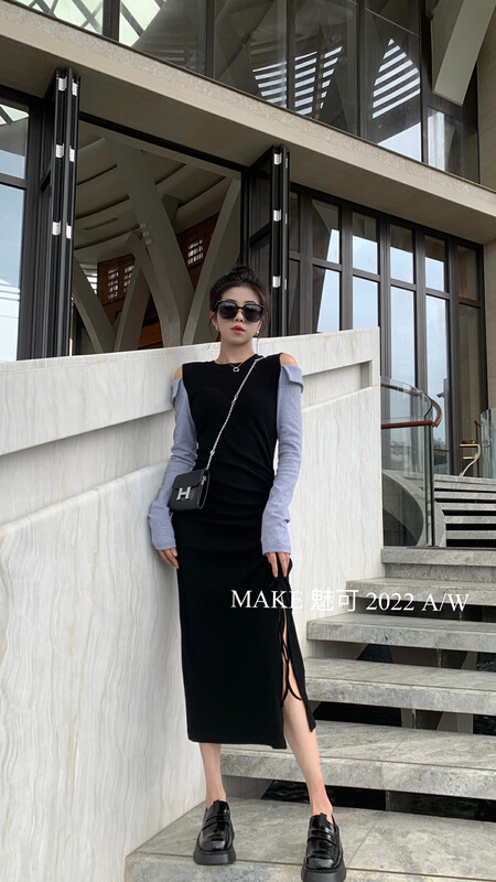 New in early autumn! [MAKE Charm] temperament women's double off-the-shoulders slim side slit drawstring dress 8861# OZQ