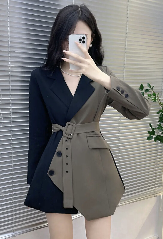 New in autumn! [JH] Net Red Contrast Color Breasted Suit (with Belt) 42872# PCZ