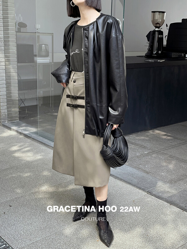【GRACETINA HOO】Nice chic double leather button skirt (simple, versatile, inclusive and slim) BQ2244# CQW