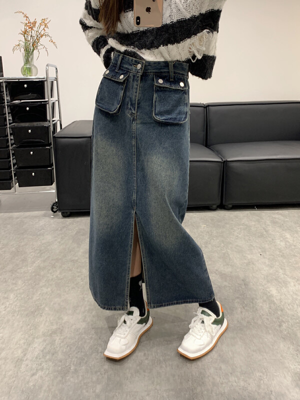 New in autumn!【VANESSA】Vintage high waist slit denim skirt YS1-6829# OZQ