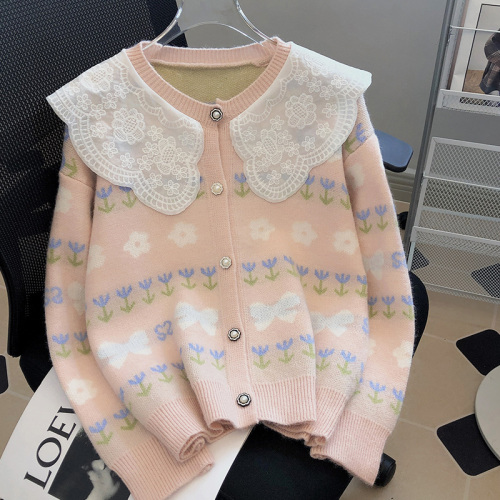 Doll collar knitted cardigan sweater coat women's autumn 2022 new European goods lace long-sleeved top