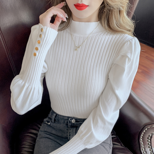  autumn new knitted all-match bottoming shirt high-end foreign style bubble lantern sleeve sweater slim top