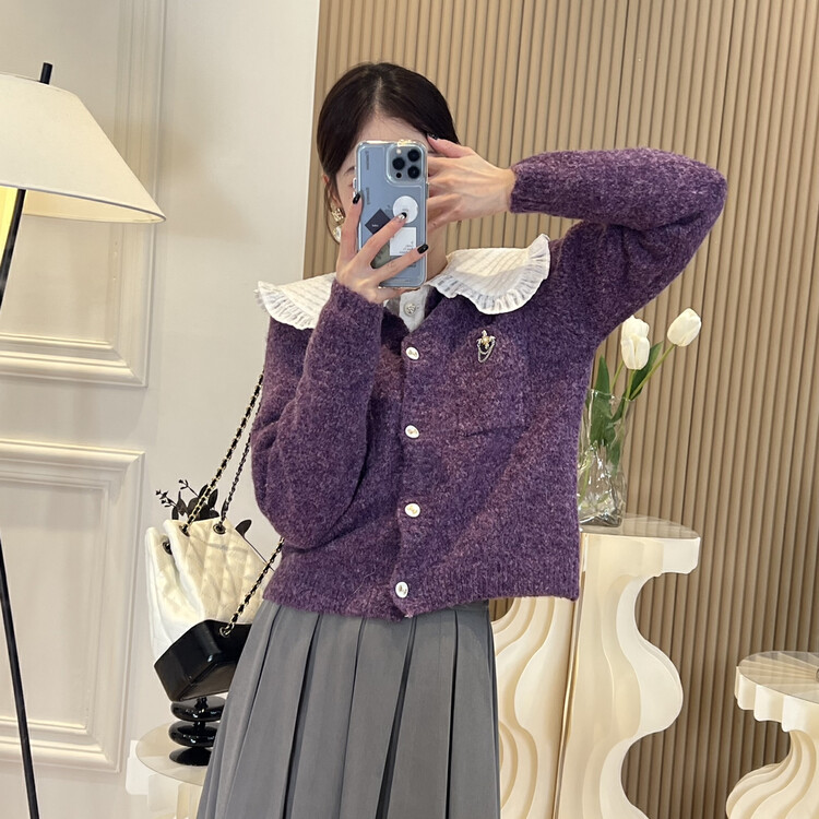 【FEI MAO】New fashionable western style lazy high-end purple sweater jacket warm sweater Z-3091# CQW