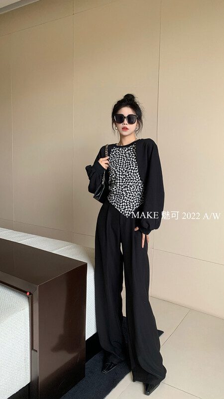 Autumn models are new! [MAKE Charm] high-end atmosphere contrasting shawl stitching two fake two-piece sweaters 8980# OZQ