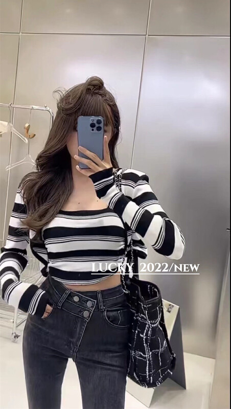 Autumn is new! [LUCKY] Striped Short Chest Pad Sling + Versatile Knit Cardigan Suit 9480# ZXX