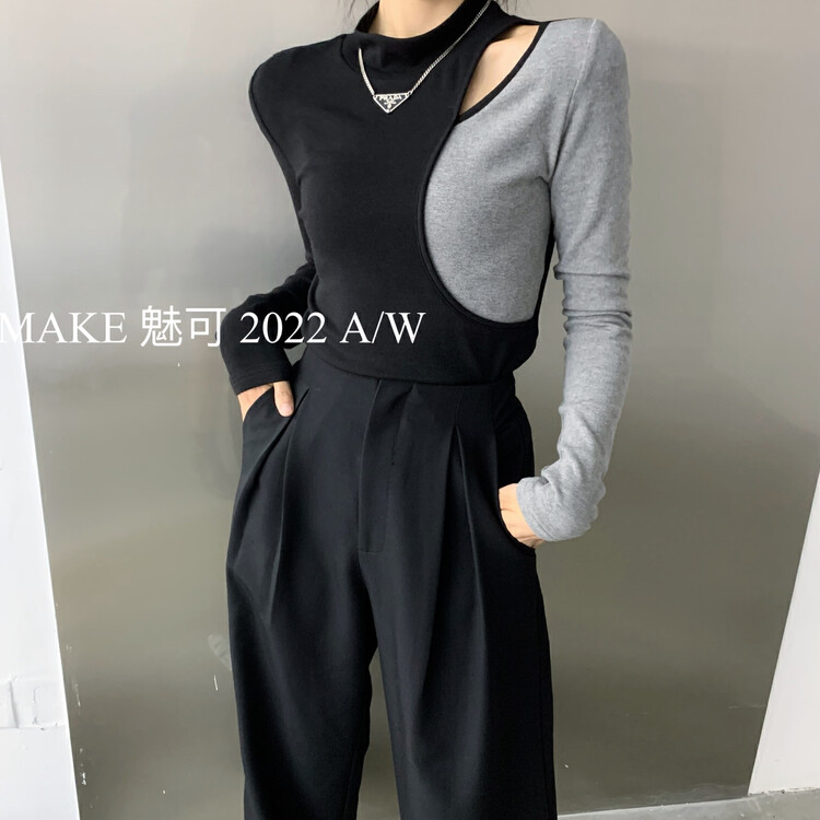 New in autumn! [MAKE Charm] temperament woman side arc stitching contrast color unilateral clavicle shirt 50303# OZQ
