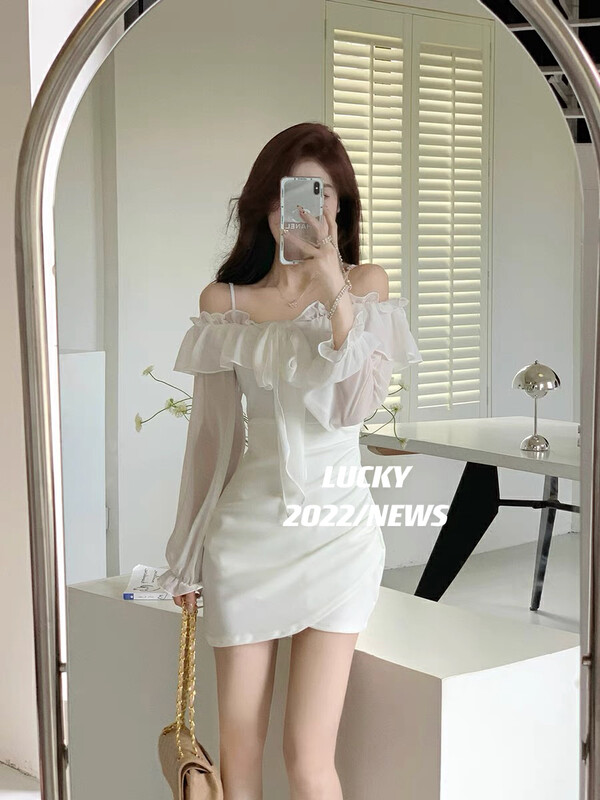 New in early autumn!【LUCKY】Korean temperament one word neck suspender dress 9404# ZXX