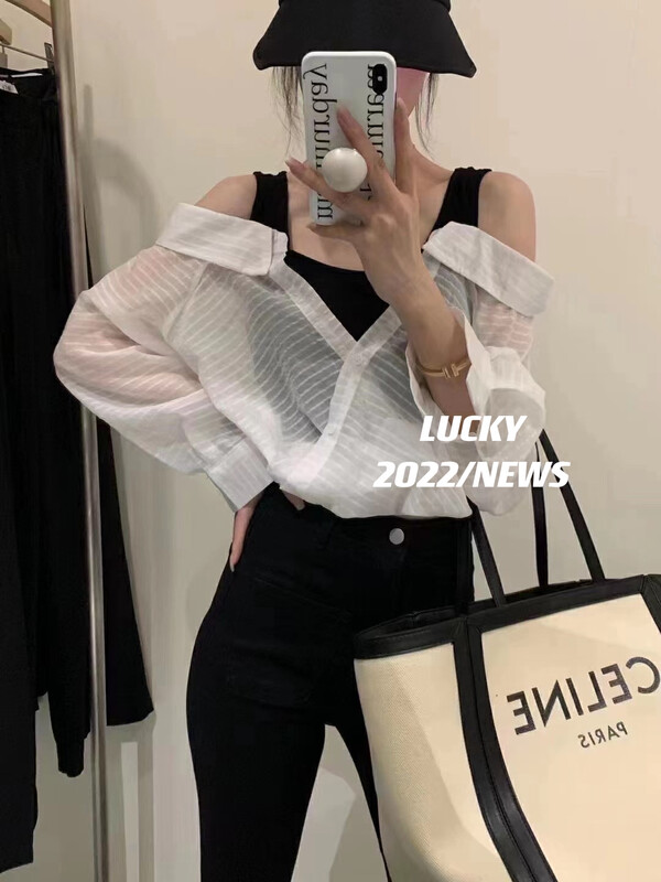 New in early autumn!【LUCKY】Fake two-piece stitching contrasting off-the-shoulder shirt 9387# ZXX