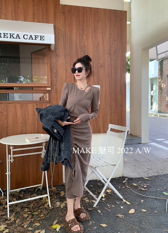New in autumn!【MAKE】Single suspender side drawstring pleated puff sleeve dress 50284# OZQ
