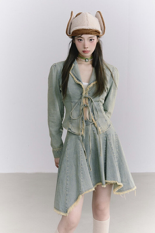 Autumn is new! [JH] Net red washed denim jacket + denim skirt suit 42995# PCZ