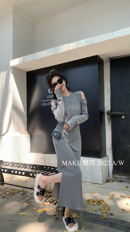Autumn is new! [MAKE Charm] temperament woman suede double strapless cuff design side slit dress 3464# OZQ