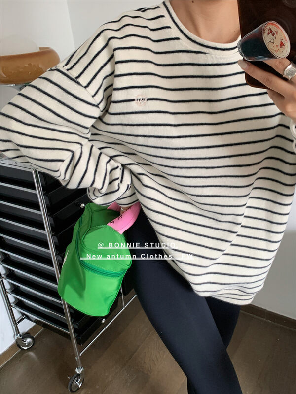 New in autumn! [BONNIE] Round neck striped loose knitted cardigan YS1-2475# XYJ